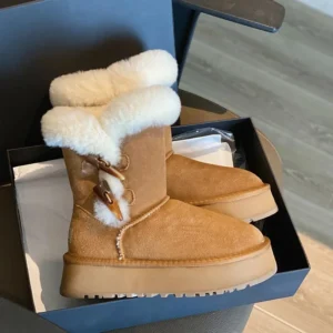 Damen Winter-Schneestiefel mit dickem Boden, Wolle, Leder, Innenfleece, kurze Röhre, warme Baumwollschuhe, runde Zehen, Gummisohle