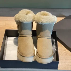 Damen Winter-Schneestiefel mit dickem Boden, Wolle, Leder, Innenfleece, kurze Röhre, warme Baumwollschuhe, runde Zehen, Gummisohle