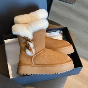 Damen Winter-Schneestiefel mit dickem Boden, Wolle, Leder, Innenfleece, kurze Röhre, warme Baumwollschuhe, runde Zehen, Gummisohle