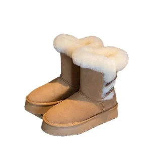 Damen Winter-Schneestiefel mit dickem Boden, Wolle, Leder, Innenfleece, kurze Röhre, warme Baumwollschuhe, runde Zehen, Gummisohle