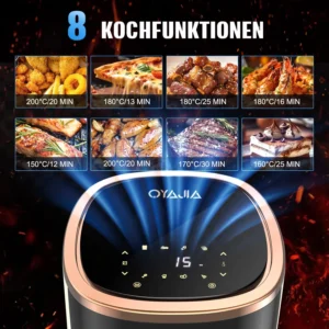 OYAJIA Airfryer Heißluftfritteuse, 8-in-1 Air Fryer XXL 6L, Heissluftfritteuse mit 2 Sichtfenster, 55 Prozent energiesparend, spülmaschinenfeste Körbe