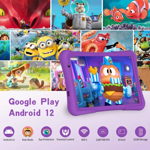 PRITOM 10-Zoll-Kinder-Android-Tablet, 4 GB (2+2)+32 GB, Quad Core, 6000 mAh, WiFi 6, Dual-Kamera, Bluetooth, Kleinkind-Tablet – Bild 6