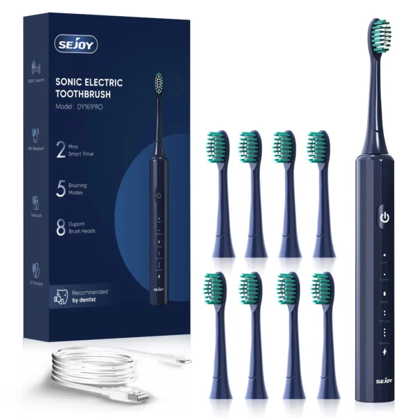 SEJOY Sonic elektrische Zahnbürste, Zahnaufhellung, Vibration, 5 Modi, 8 Ersatzbürstenköpfe, USB wiederaufladbar