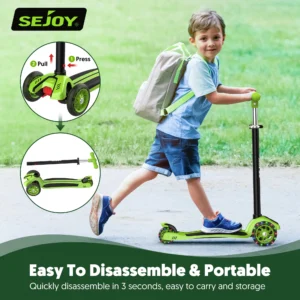 SEJOY faltbarer Kinderroller, höhenverstellbar, 3-Rad-Roller mit Blitzrädern, Roller für Kinder im Alter von 3–12 Jahren, Geschenk
