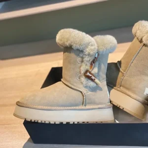 Damen Winter-Schneestiefel mit dickem Boden, Wolle, Leder, Innenfleece, kurze Röhre, warme Baumwollschuhe, runde Zehen, Gummisohle