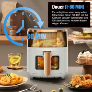 OYAJIA Airfryer Heißluftfritteuse, 8-in-1 Air Fryer XXL 6L, Heissluftfritteuse mit 2 Sichtfenster, 55 Prozent energiesparend, spülmaschinenfeste Körbe